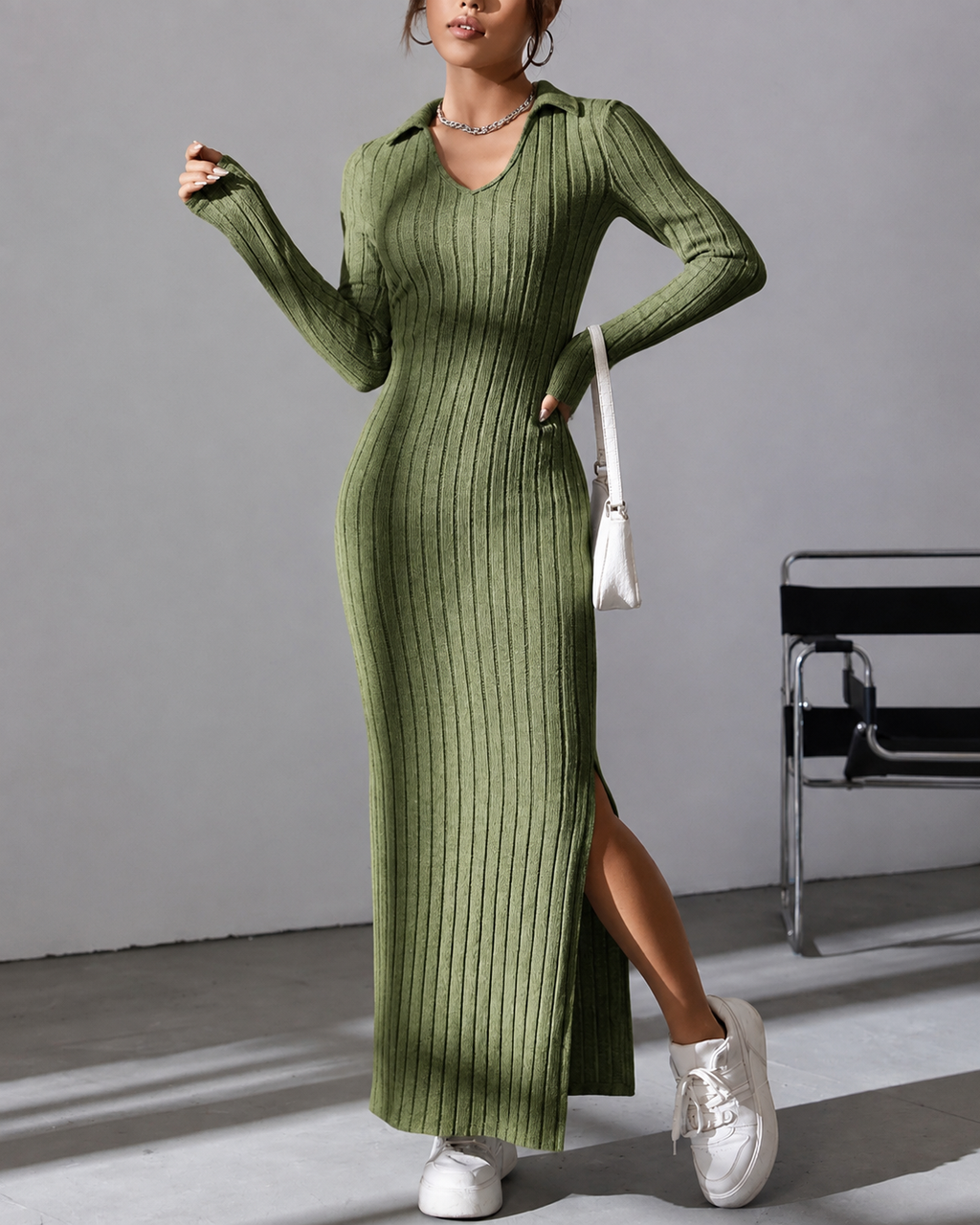 Sloane Ribbed Knit Maxi Dress, Army Green, garment detail