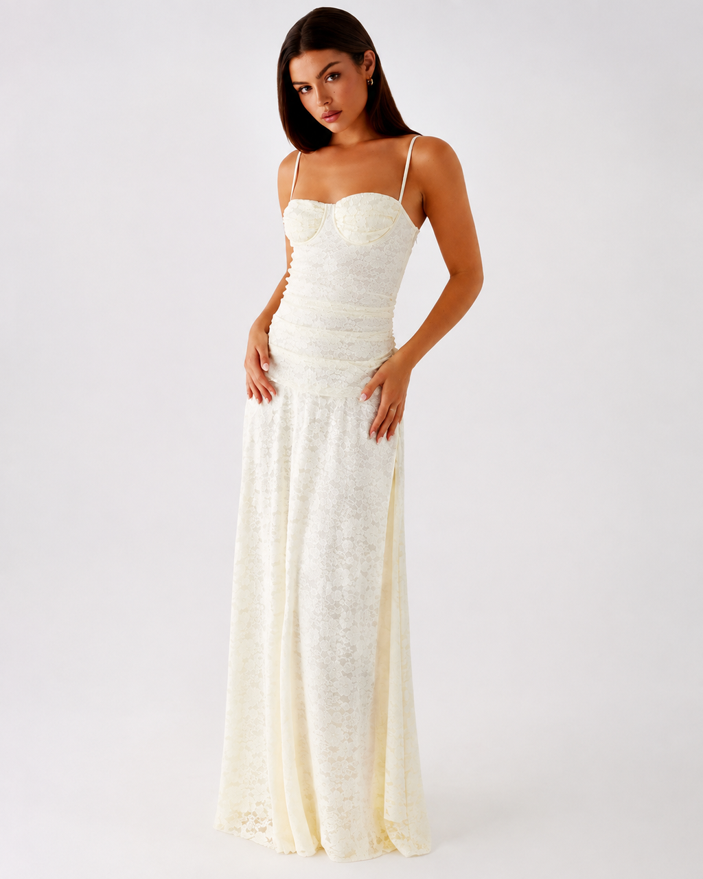 Elowen Lace Bustier Maxi Dress, White, garment detail
