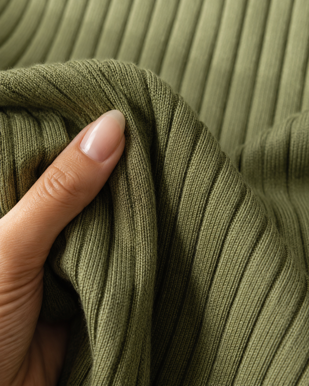 Sloane Ribbed Knit Maxi Dress, Army Green, first-person fabric texture close-up