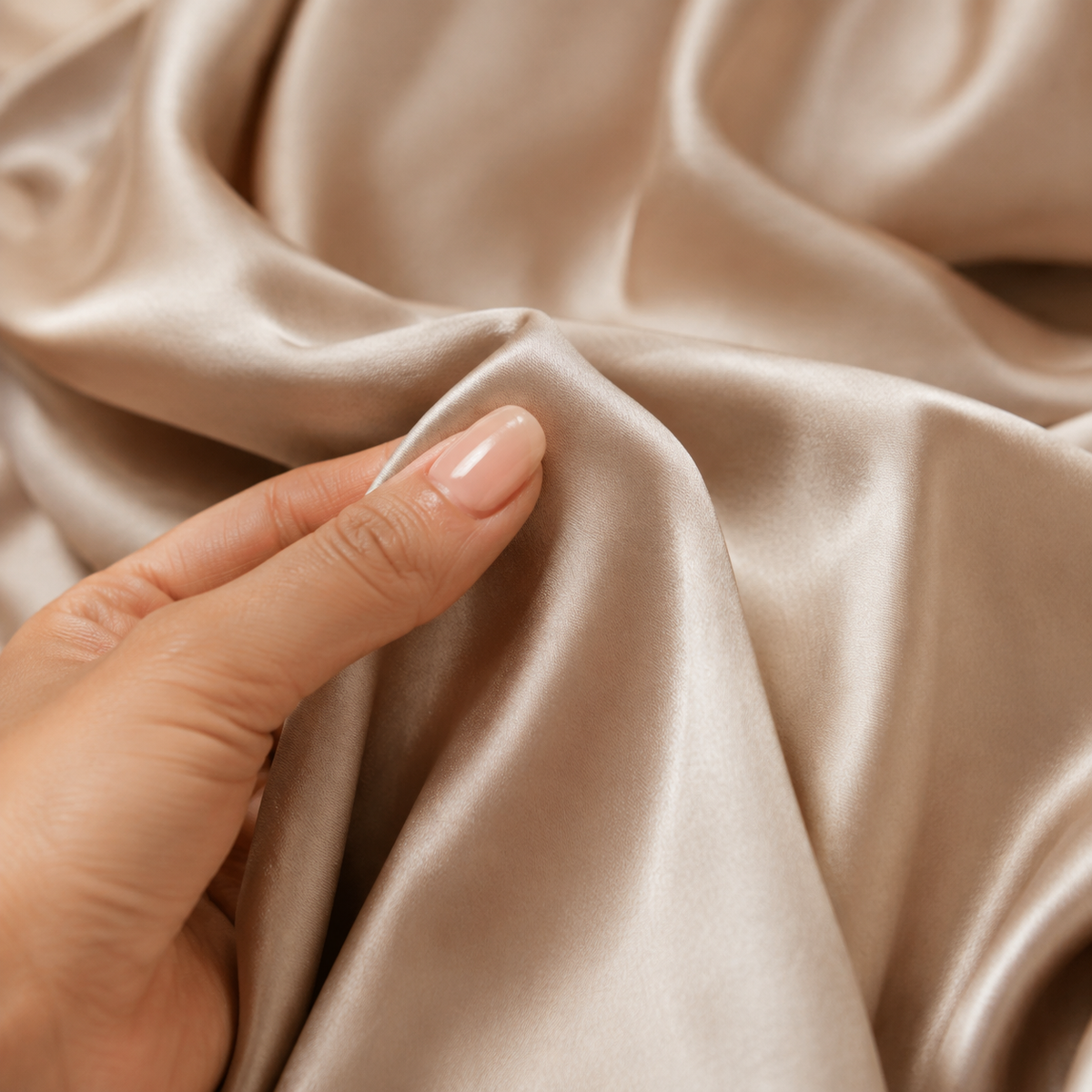 Celeste Satin Halter Midi Dress, Apricot, first-person fabric texture close-up
